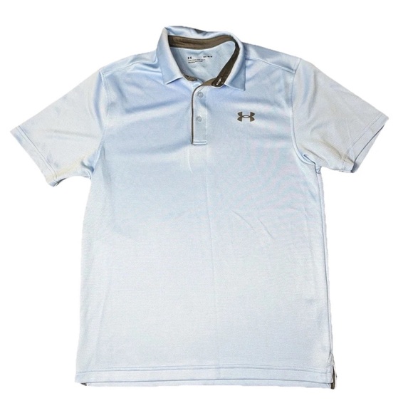 Under Armour Polo Short Sleeve Blue Gray Button EUC Mens Medium - Picture 1 of 7